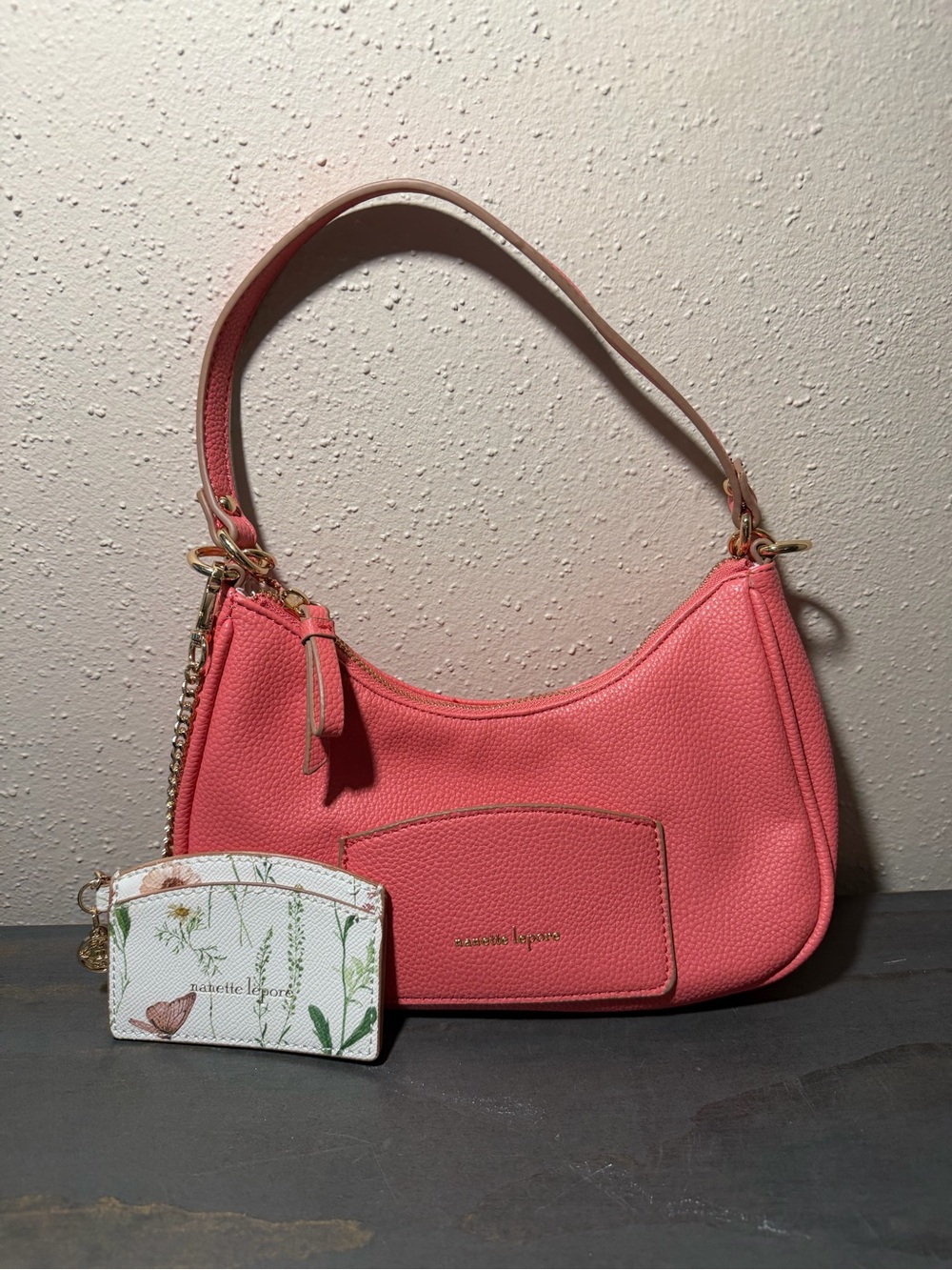 Nanette Lepore Coral Pink Pebbled Leather Shoulder Bag with Card Holder